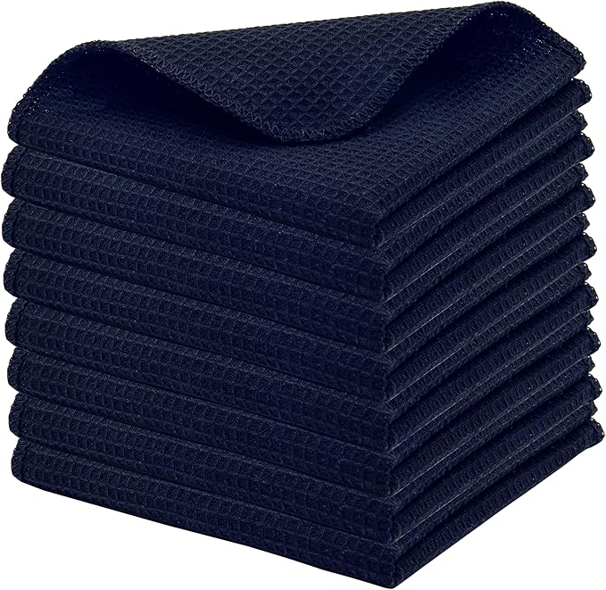PurpleEssences Dish Cloths and Dish Rags - 8 Pack Waffle Weave Solid Kitchen Dish Wash Cloths, 100% Cotton, 12 x 12 Inches, Ultra Soft Absorbent Quick Drying - Fall Thanksgiving -Navy Blue