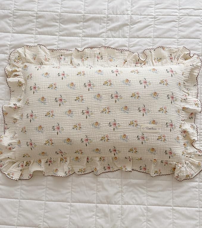 BuLuTu Cotton Muslin Kids Toddler Pillowcase with Cute Azalea Flowers Pattern Super Soft Crib Nursery Pillowcase for Boys,Girls,Bedding Decor Machine Washable, Durable Pillowcase,1 Piece,Standard