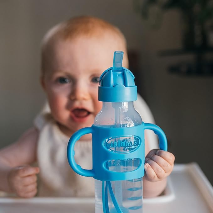 Dr. Brown's Milestones Narrow Sippy Straw Bottle, Spill-Proof with 100% Silicone Handles and Weighted Straw, 8 oz/250 mL, Gray & Blue, 6m+