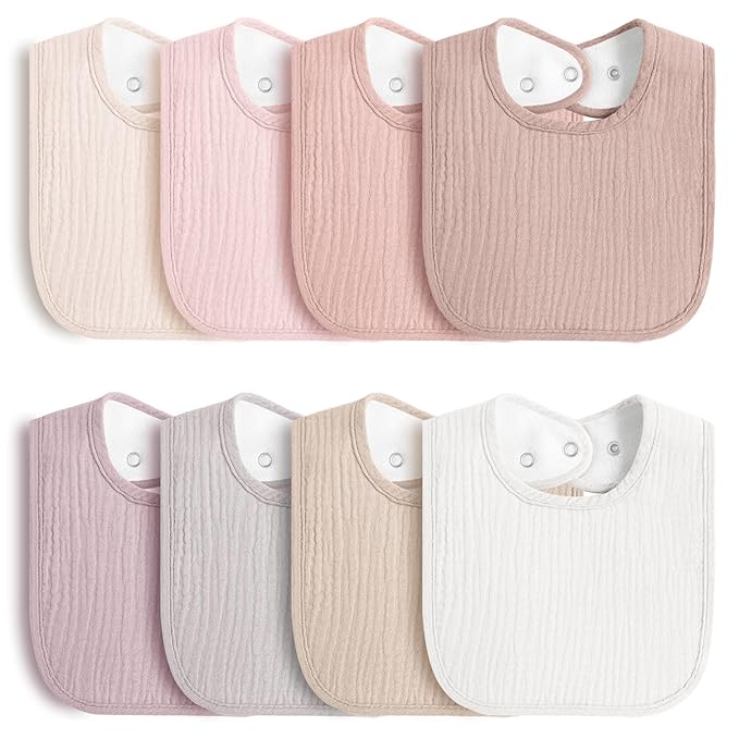 8-Pack Baby Muslin Bibs, Soft Cotton Drool Bibs for Boys Girls, Adjustable and Absorbent Newborn Bib Set for Feeding and Drooling