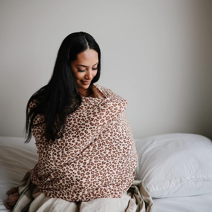 mushie Baby Car Seat Canopy Cover | Breathable & Stretchy Multi Use Cover for Breastfeeding, Nursing, High Chair, Shopping Cart, Strollers (Leopard)