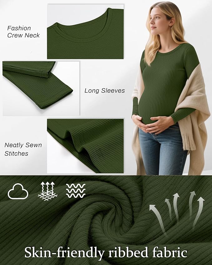 Riyiper 3 Pack Women's Maternity Shirts Long Sleeve Ribbed Knit Pregnancy Tees Cotton Crewneck Tunic Clothes Casual Fall Tops