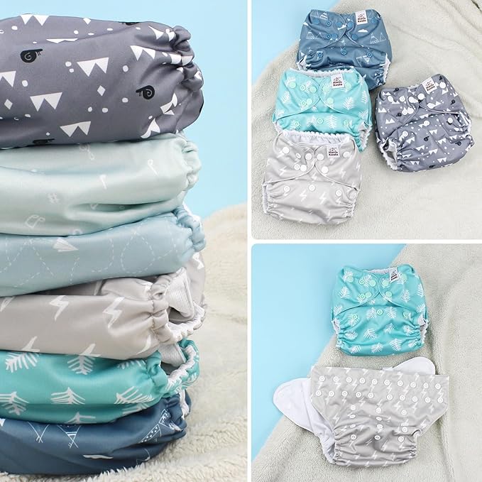 Mama Koala 3.0 Pocket Diapers for Babies with Suede Cloth Lining, 6 Pack with 6 4-Layer Natural Cloth Diaper Inserts - Reusable and Washable Pocket Diapers(S-The Gray Sky)