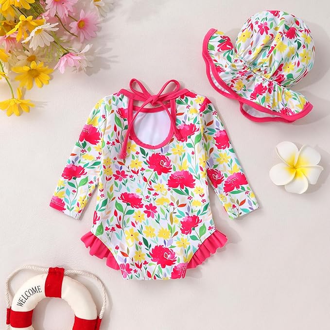 YOUNGER TREE Infant Baby Girls Swimsuit Long Sleeve Swimsuits One Piece Swimsuit Solid Color Bathing Suit with Hat, UPF 50+
