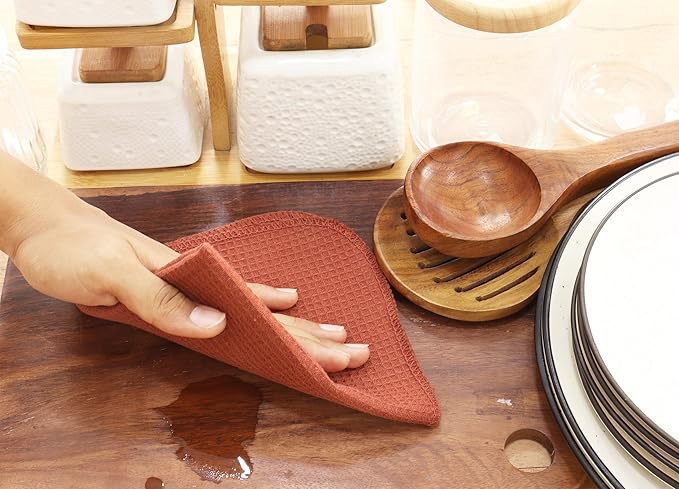 PurpleEssences Rust Dish Cloths and Dish Rags - 8 Pack Waffle Weave Solid Kitchen Dish Wash Cloths, 100% Cotton, 12 x 12 Inches, Ultra Soft Absorbent Quick Drying - Fall Thanksgiving - Rust