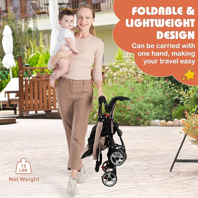 HONEY JOY Travel Stroller, Quick Fold Lightweight Baby Umbrella Stroller for Airplane, Adjustable Canopy & Backrest, Storage Basket, Removable Meal Tray, Compact Stroller Newborn and Toddler(Coffee)