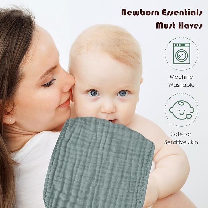 Muslin Burp Cloths 100% Cotton Large 20''x10'' Extra Soft and Absorbent Baby Wash Cloths Spit Up Rags - Baby Burping Cloth for Boys Girls Items(12 Pack Ivory, Slate and Emerald Series)