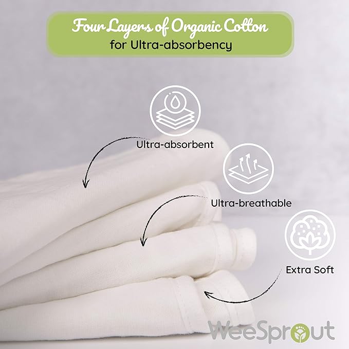 WeeSprout Unisex Organic Towel Cotton Burp Cloths, Set of 4, Four Ultra-Absorbent Layers Keep Clothes Dry, Button Transforms into Baby Bib, Machine Washable & Dryer Safe (White Set, Full)
