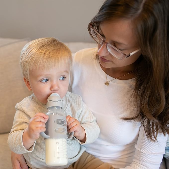 Dr. Brown's Milestones Narrow Sippy Straw Bottle, Spill-Proof with 100% Silicone Handles and Weighted Straw, 8 oz/250 mL, Gray & Green, 6m+