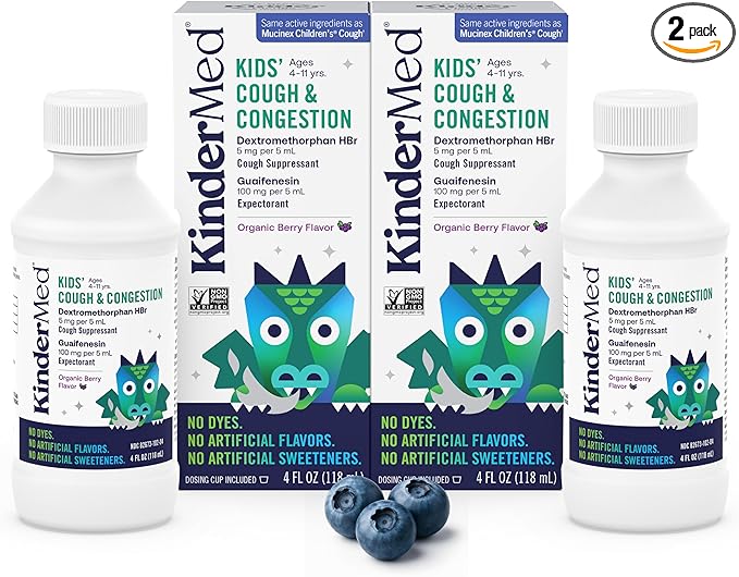 KinderMed Kids' Daytime Cough & Congestion Medicine, Ages 4-11 Years, No Dyes, No Artificial Flavors, No Artificial Sweeteners, Vegan, Non-GMO, Gluten Free, Organic Berry Flavor, 4 fl. oz (Pack of 2)