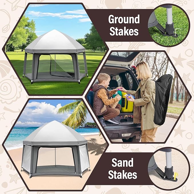 Baby Playpen with Self-Inflating Play Mat & Travel Bag, Portable Outdoor Playpen for Babies and Toddlers, Foldable Pop Up Play Tent for Home, Park, Beach and Camping (Grey)