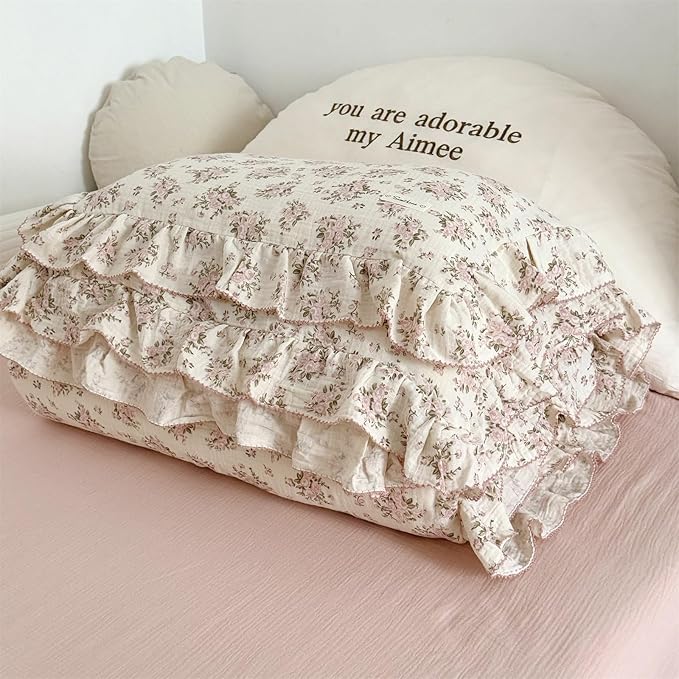 AOJIM Pink Floral Kids Toddler Pillowcase 1 Piece Super Soft Muslin Cotton Bedding Pillowcase with Ruffle Edges, Durable Nursery Pillowcase Aesthetic Print Kids Pillow Cover for Room Decor, 14x20 Inch