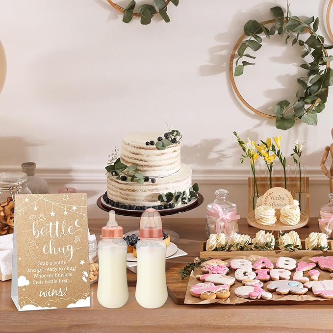 TrelaCo Cool Baby Shower Games Sets 12 Pcs Feeding Bottles with 1 Bottle Chug Sign for Gender Reveal Baby Shower Party Favors Decoration Games(Elegant,Kraft)