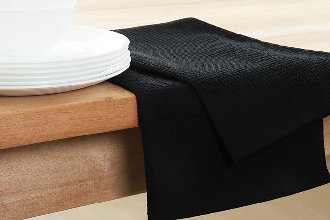 PurpleEssences Waffle Weave Kitchen Towel, 100% Cotton - 15 x 25 Inches, with Hanging Loop Ultra Soft Absorbent Quick Drying Dish Cloth, Tea & Hand Towels, 6 Pack - Fall Thanksgiving Halloween - Black