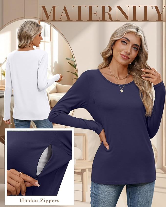 4 Pack Women's Cotton Nursing Tops, Breastfeeding Maternity with Hidden Zippers Crew Neck Long Sleeve Pregnancy Shirts