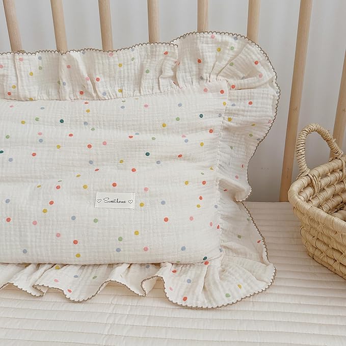 AOJIM Kids Toddler Pillowcase 1 Piece Super Soft Muslin Cotton Bedding Pillowcase with Colorful Beans Pattern, Ruffle Edges Nursery Pillowcase Durable Kids Pillow Cover, Machine Washable 14x20 Inches