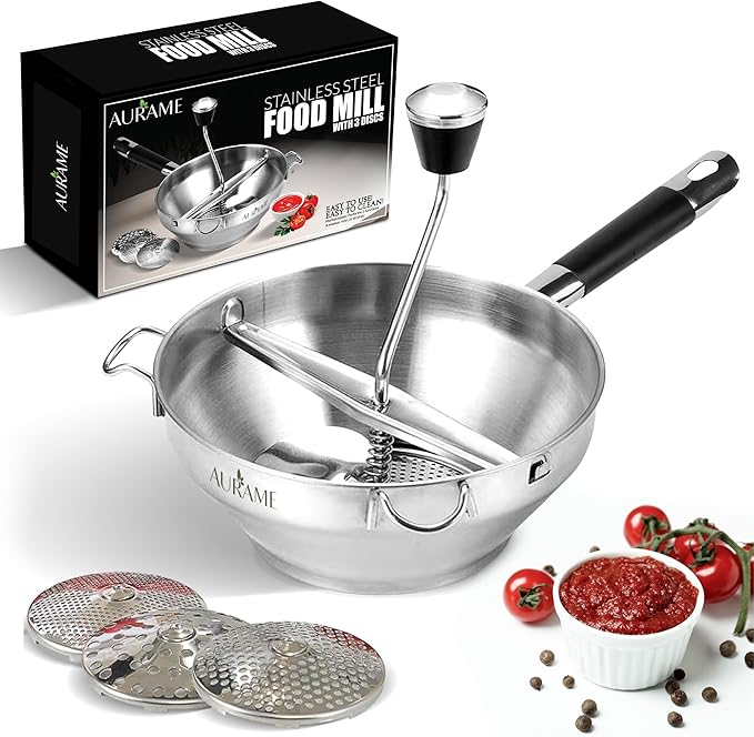 Premium Stainless Steel Food Mill - Effortless Pureeing, Straining & Milling for Soups, Sauces, Baby Food, and More – Includes 3 Interchangeable Discs – Durable & Easy-to-Clean Design