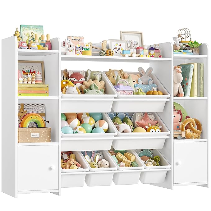 FOTOSOK 55''Large Toy Storage Organizer with 8 Toy Bins, Toy Organizers and Storage with Shelf and 6 Storage Cubbies, Bookshelf for Kids, Playroom Organization and Storage Bins, White