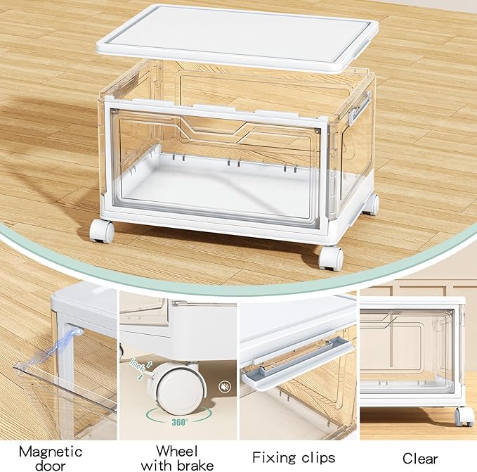 Clear Storage Bins with Lids,4 Tier Plastic Bins with Wheels,Stackable Storage Bin,Closet Organizers Box for Bedroom,Living Room,Toy,23 QT Folding Box with Magnetic door