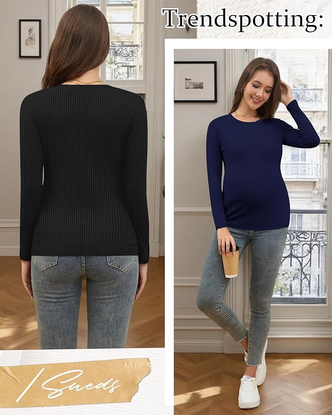 Riyiper 3 Pack Women's Maternity Shirts Long Sleeve Ribbed Knit Pregnancy Tees Cotton Crewneck Tunic Clothes Casual Fall Tops