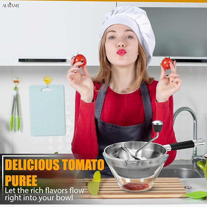 Premium Stainless Steel Food Mill - Effortless Pureeing, Straining & Milling for Soups, Sauces, Baby Food, and More – Includes 3 Interchangeable Discs – Durable & Easy-to-Clean Design