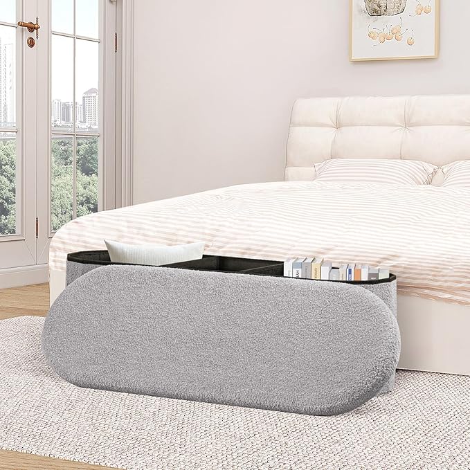 B FSOBEIIALEO Ottoman with Storage for Living Room, Sherpa Folding Storage Ottoman Foot Rest, 43.3 Inches Collapsible Bedroom Bench Grey