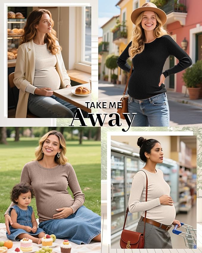Riyiper 3 Pack Women's Maternity Shirts Long Sleeve Ribbed Knit Pregnancy Tees Cotton Crewneck Tunic Clothes Casual Fall Tops
