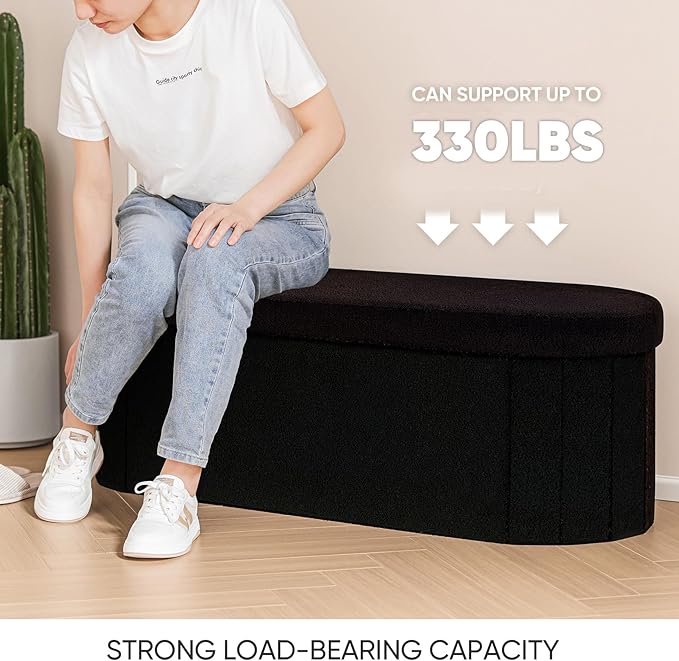B FSOBEIIALEO Ottoman with Storage for Living Room, Sherpa Folding Storage Ottoman Foot Rest, 43.3 Inches Collapsible Bedroom Bench Black