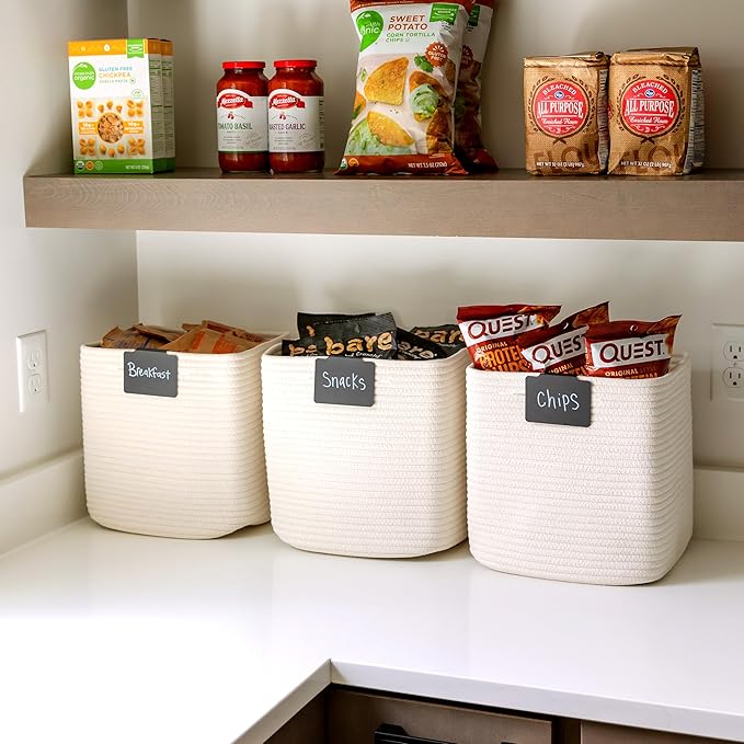 NaturalCozy 13 Inch Cube Storage Bins Cotton Rope Woven Baskets for Organizing 3-Pack | 13 x 13 Storage Cubes | Fabric Square Storage Baskets for Shelves Organizer, Kids Toy Bins, Closet Baby Nursery