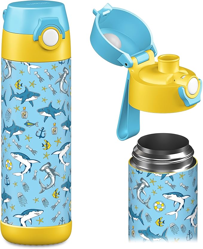 Jarlson® Mali Children's Water Bottle, Thermal Stainless Steel Water Bottle, BPA-Free, Leak-Proof, Children's Bottle with Chug Lid, Bottle for School, Nursery (Sharks, 500 ml)
