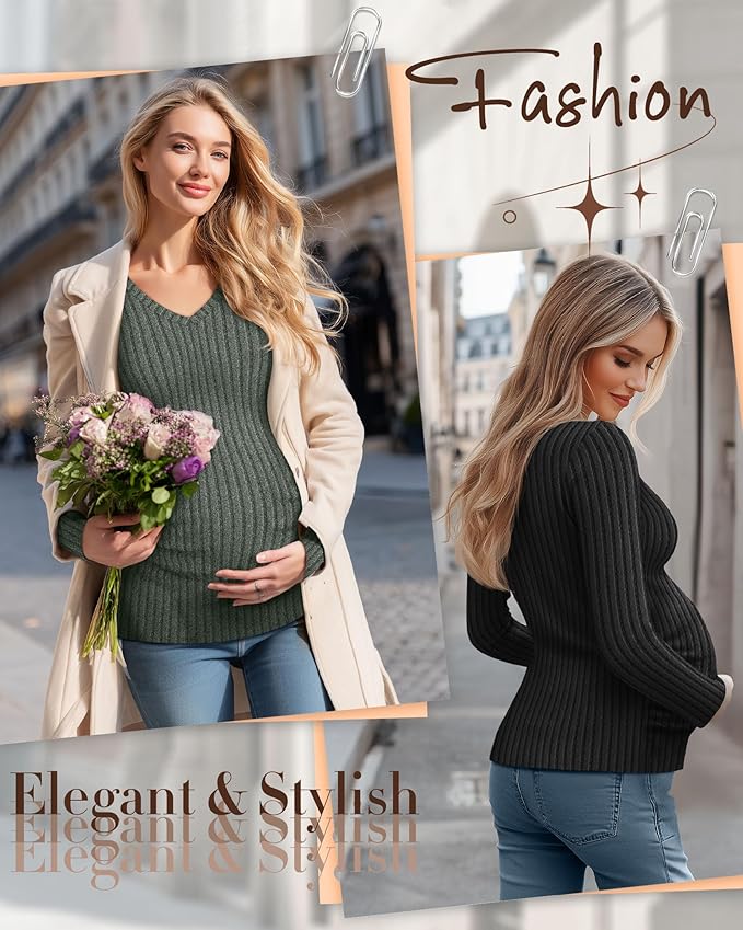 Ficerd 3 Pack Women's Maternity Shirts Ribbed Long Sleeve Pregnancy Tops V Neck Knit Side Ruched Pregnant Clothes Sweater