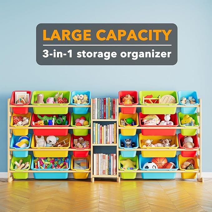 SpaceAid Large Toy Storage Organizer with 24 Bins and 3 Shelves, Toy Organizers Storage Bookshelf, Kids Bin Shelf Box Bookcase for Bedroom Playroom Organization Room Decor, Multi-Colored