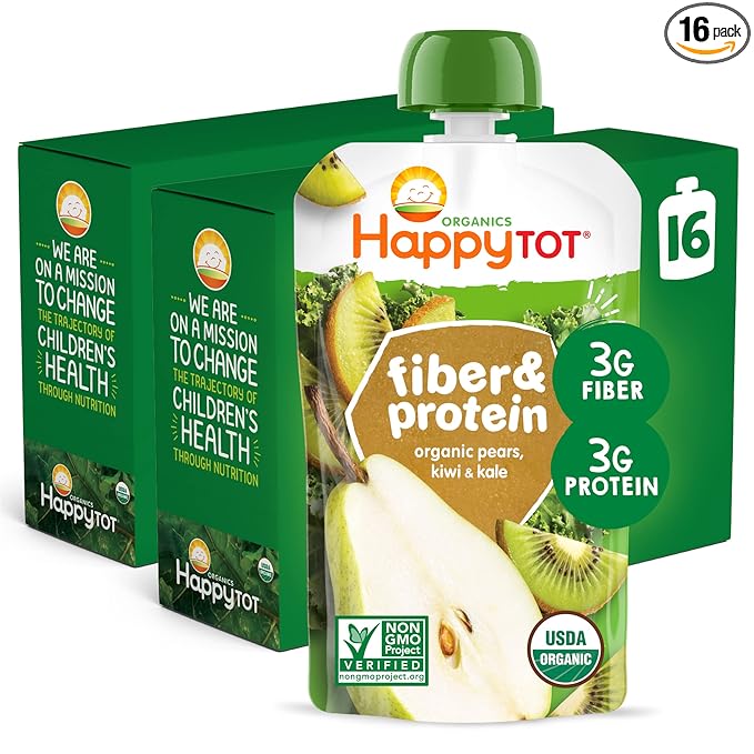 Happy Tot Organics Stage 4 Baby Food Pouches, Gluten Free, Vegan Snack, Fiber & Protein Fruit & Veggie Puree, Pears, Kiwi & Kale, 4 Ounce (Pack of 16)