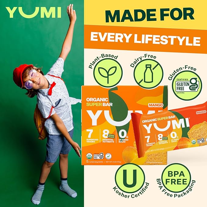 YUMI Organic Breakfast Superbar, Gluten-Free, No Added Sugar, 7+ Vegetables, Soft-Baked Crust, Healthy Snack Bars for Kids, School Safe, Healthy Alternative to Granola Bars or Cereal Bars, Mango (30ct)