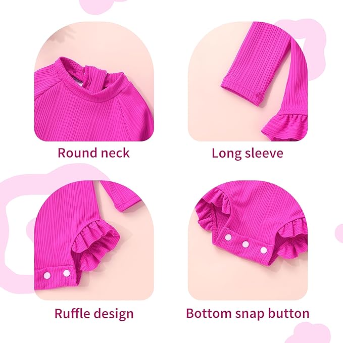 YOUNGER TREE Infant Baby Girls Swimsuit Long Sleeve Swimsuits One Piece Swimsuit Solid Color Bathing Suit with Hat, UPF 50+