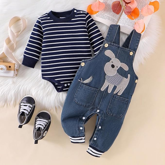 Baby Boy Clothes Fall Winter Outfits Long Sleeve Striped Romper Cute Cartoon Jeans Overalls Pants Set 0-18 Months