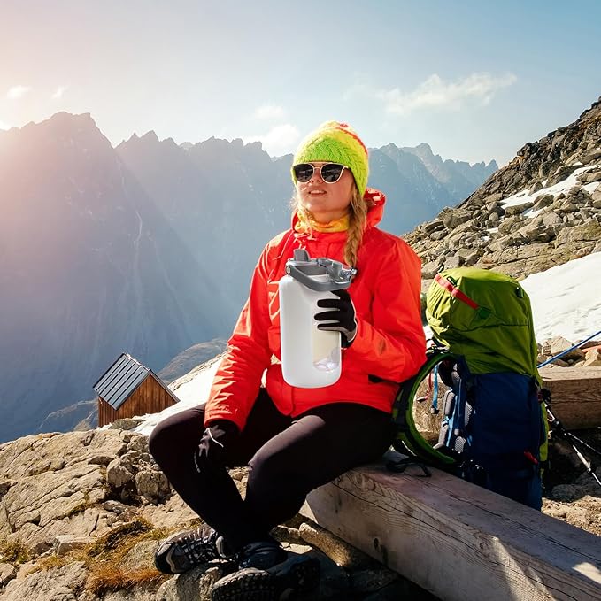 72oz Glass Water Bottle with 2-IN-1 Straw &Chug Lid, Large Motivational Glass Bottle with Capacity Marker and Silicone Sleeve, 2.1Liter Gallon Water Jug for Home, Sports, Gym, BPA Free-White