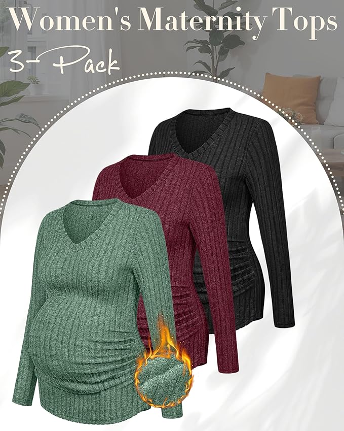Ficerd 3 Pack Women's Maternity Shirts Ribbed Long Sleeve Pregnancy Tops V Neck Knit Side Ruched Pregnant Clothes Sweater