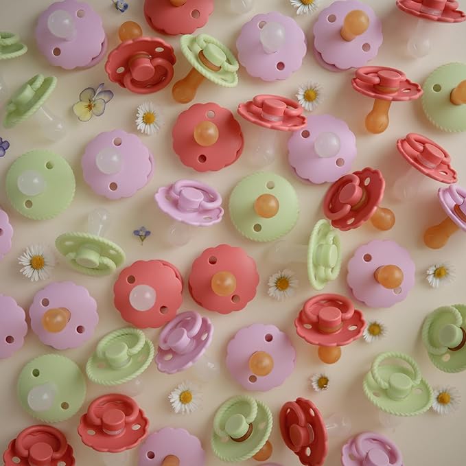 FRIGG Daisy Natural Rubber Baby Pacifier | Made in Denmark | BPA-Free (Cream/Poppy, Size 2) 2-Pack