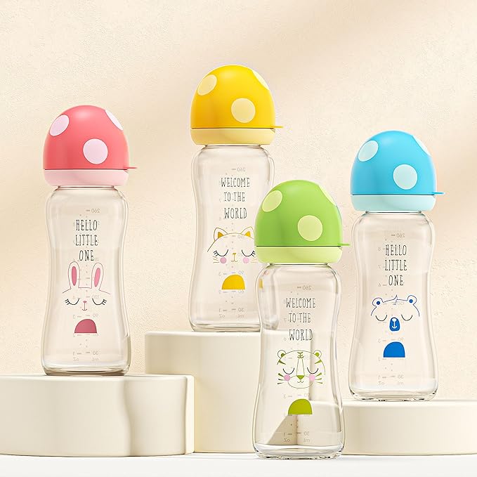 YOHKOH Natural Glass Baby Bottle with Natural Response Nipple, Newborn Anti-Colic Baby Bottles, Wide Neck Mushroom Cap Baby Bottle, Clear (8.8ounce (Pack of 4), Multicolour1)