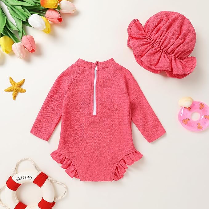 YOUNGER TREE Infant Baby Girls Swimsuit Long Sleeve Swimsuits One Piece Swimsuit Solid Color Bathing Suit with Hat, UPF 50+