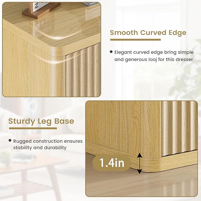 48" Wide Fluted Dresser with 8 Drawers, Modern Chest of Drawers with Deep Drawers, Handleless, Curved Profile, Wooden Storage Organizer for Bedroom, Living Room, Hallway, Natural