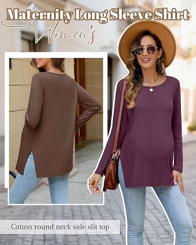 Riyiper 3 Pack Women's Maternity Long Sleeve T-Shirts Round Neck Side Split Tops Loose Casual Pregnancy Mama Clothes Fall
