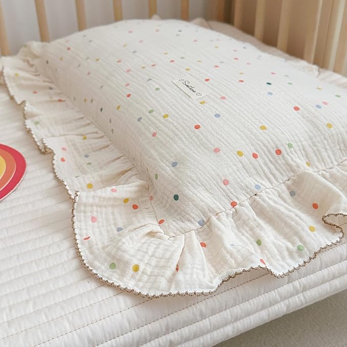 AOJIM Kids Toddler Pillowcase 1 Piece Super Soft Muslin Cotton Bedding Pillowcase with Colorful Beans Pattern, Ruffle Edges Nursery Pillowcase Durable Kids Pillow Cover, Machine Washable 14x20 Inches