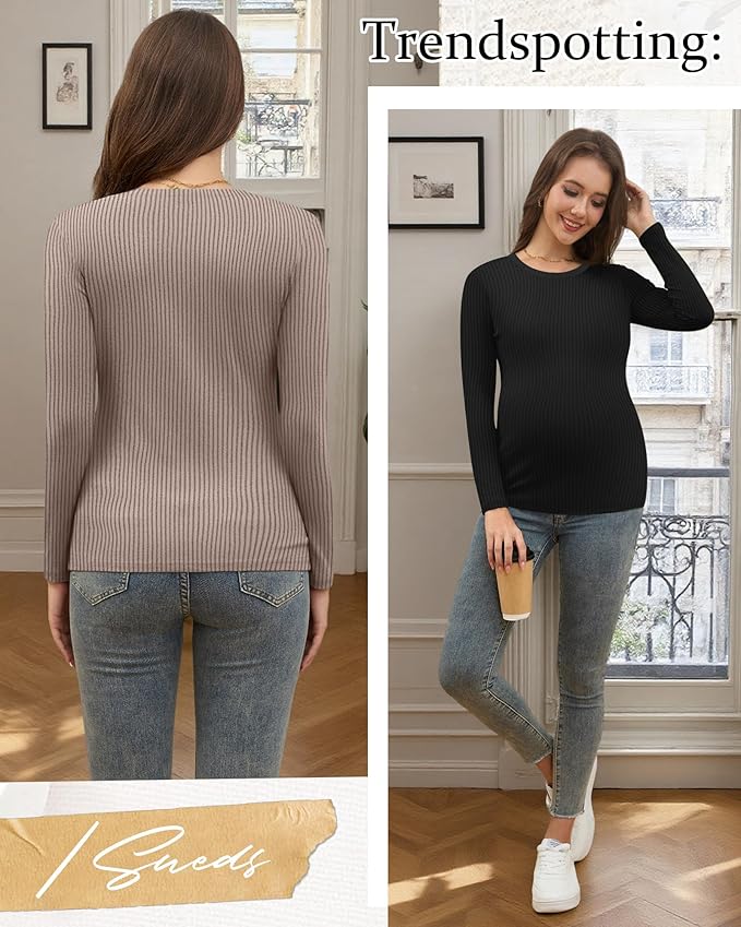 Riyiper 3 Pack Women's Maternity Shirts Long Sleeve Ribbed Knit Pregnancy Tees Cotton Crewneck Tunic Clothes Casual Fall Tops