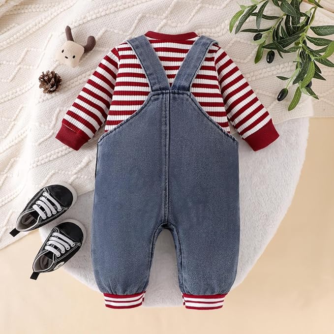 Baby Boy Clothes Fall Winter Outfits Long Sleeve Striped Romper Cute Cartoon Jeans Overalls Pants Set 0-18 Months