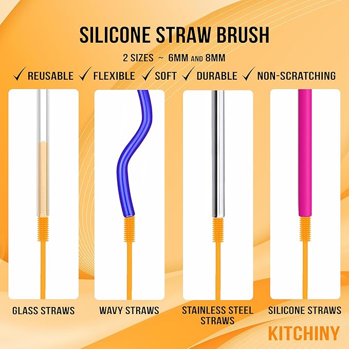 12.5" Silicone Bottle Brush & Straw Cleaner Brush Set | Water Bottle Cleaner for Hydro Flasks, Tumblers, Glassware, Vases and Narrow Neck Containers