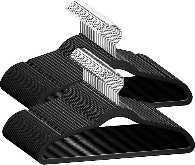 50 Premium Kids Velvet Hangers - 14" Non-Slip Clothes Hangers for Kids & Preteens - Ultra Slim, Space-Saving, Strong & Durable Hangers with 360° Swivel Hook - Black