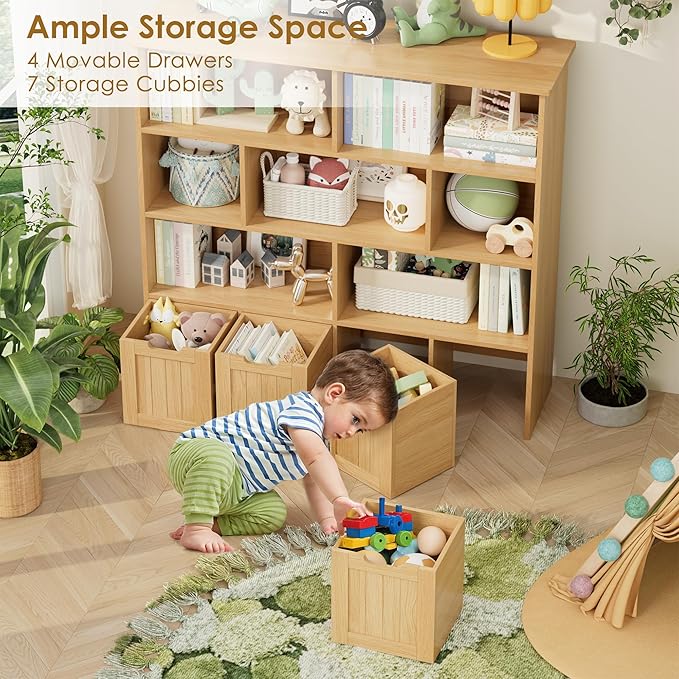 FINETONES Toy Storage Organizer, Kids Bookshelf with 4 Movable Chests and 7 Storage Cubes, Toy Chest Storage Shelf Organizer with Hidden Wheels, Toy Organizers and Toy Storage, Natural