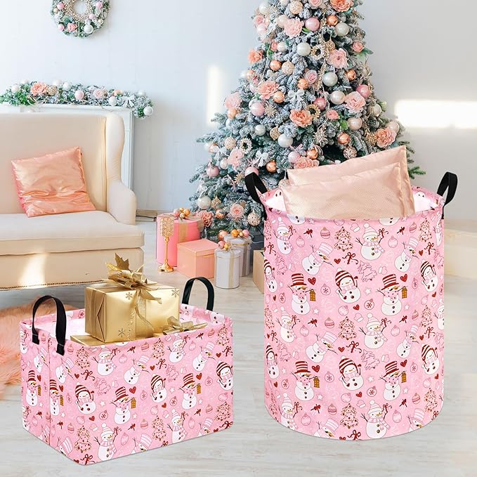 Rectangle Basket, Kids Organizer, Pink Snowman Pattern Toy Storage Cube, Clothes Storage Box With Handles for Room Decor